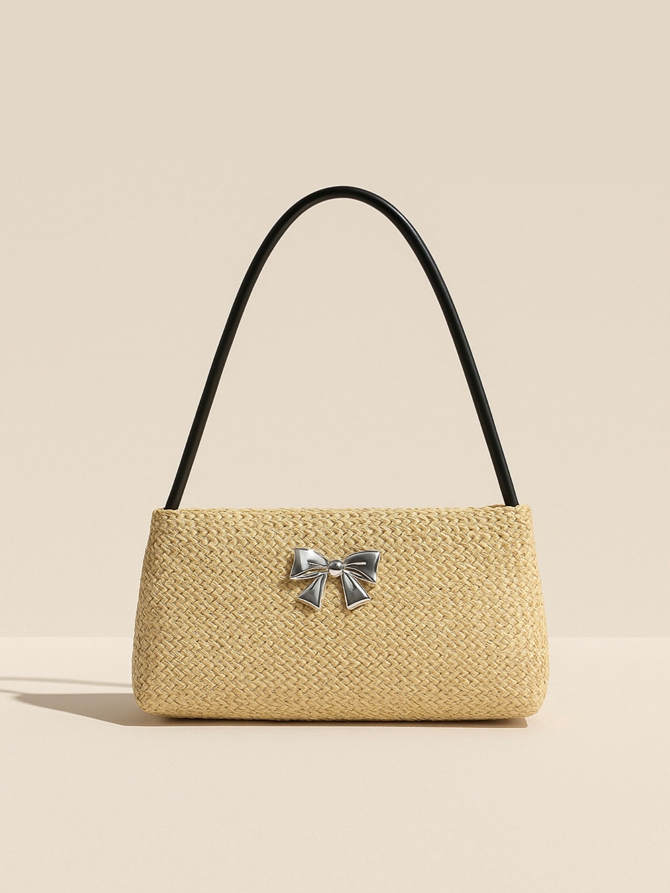Woven Straw Shoulder Bag with Bow Detail