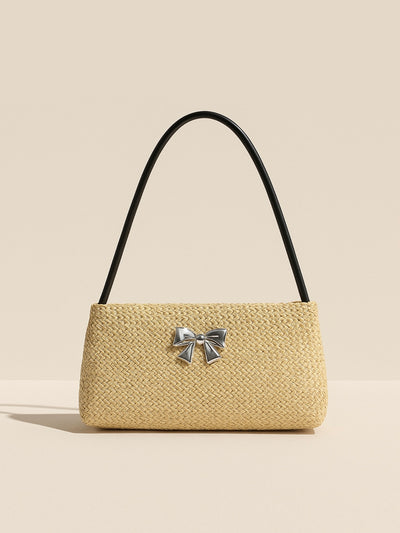 Woven Straw Shoulder Bag with Bow Detail